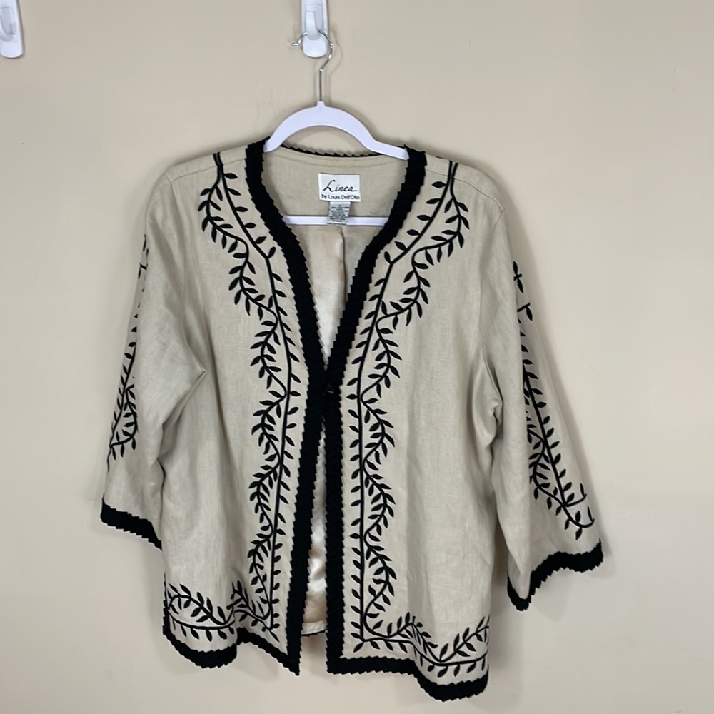 Linea by Louis Dell’Olio 100% Linen Cream Jacket With Embroidered Vines L